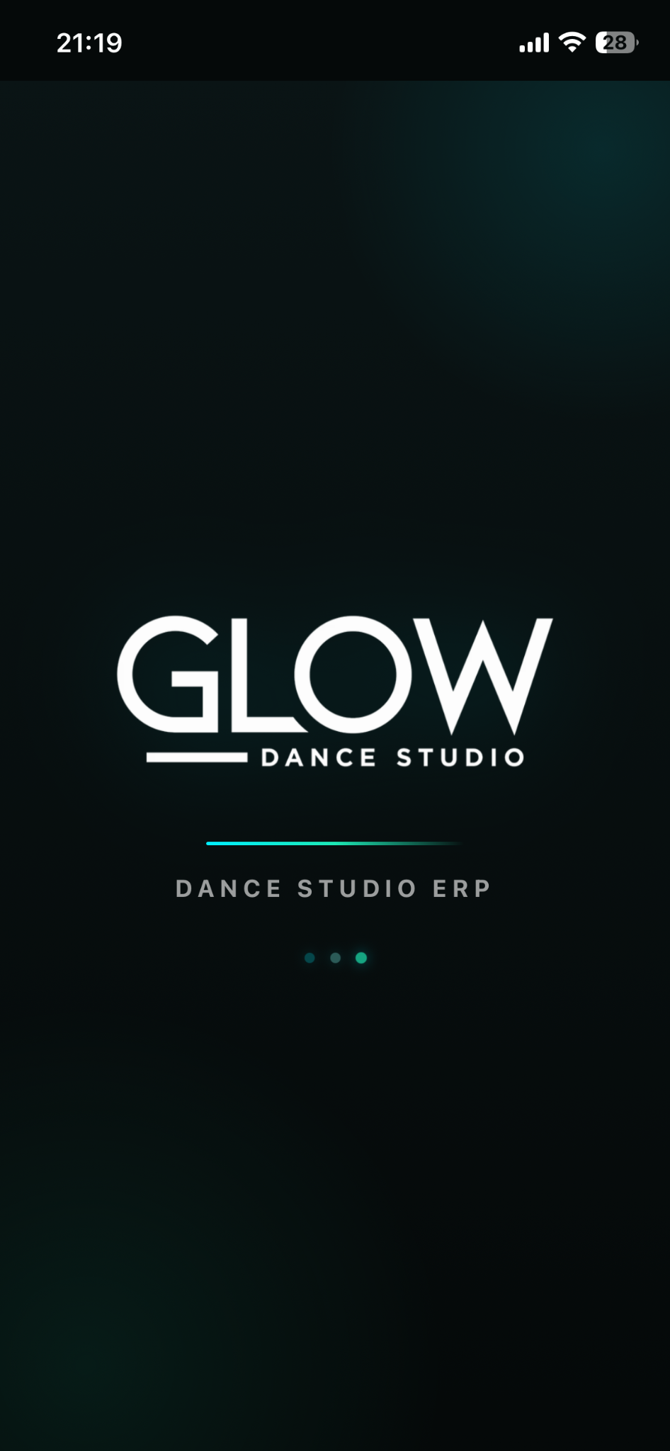 Pantalla de inicio de la app Glow Dance Studio