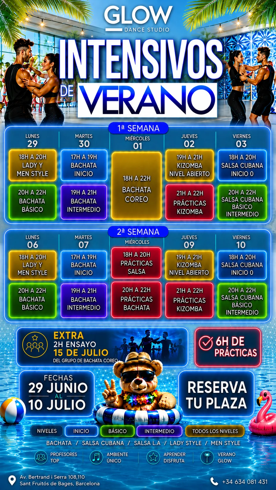 Cartel de horarios de los intensivos de verano Glow Dance Studio